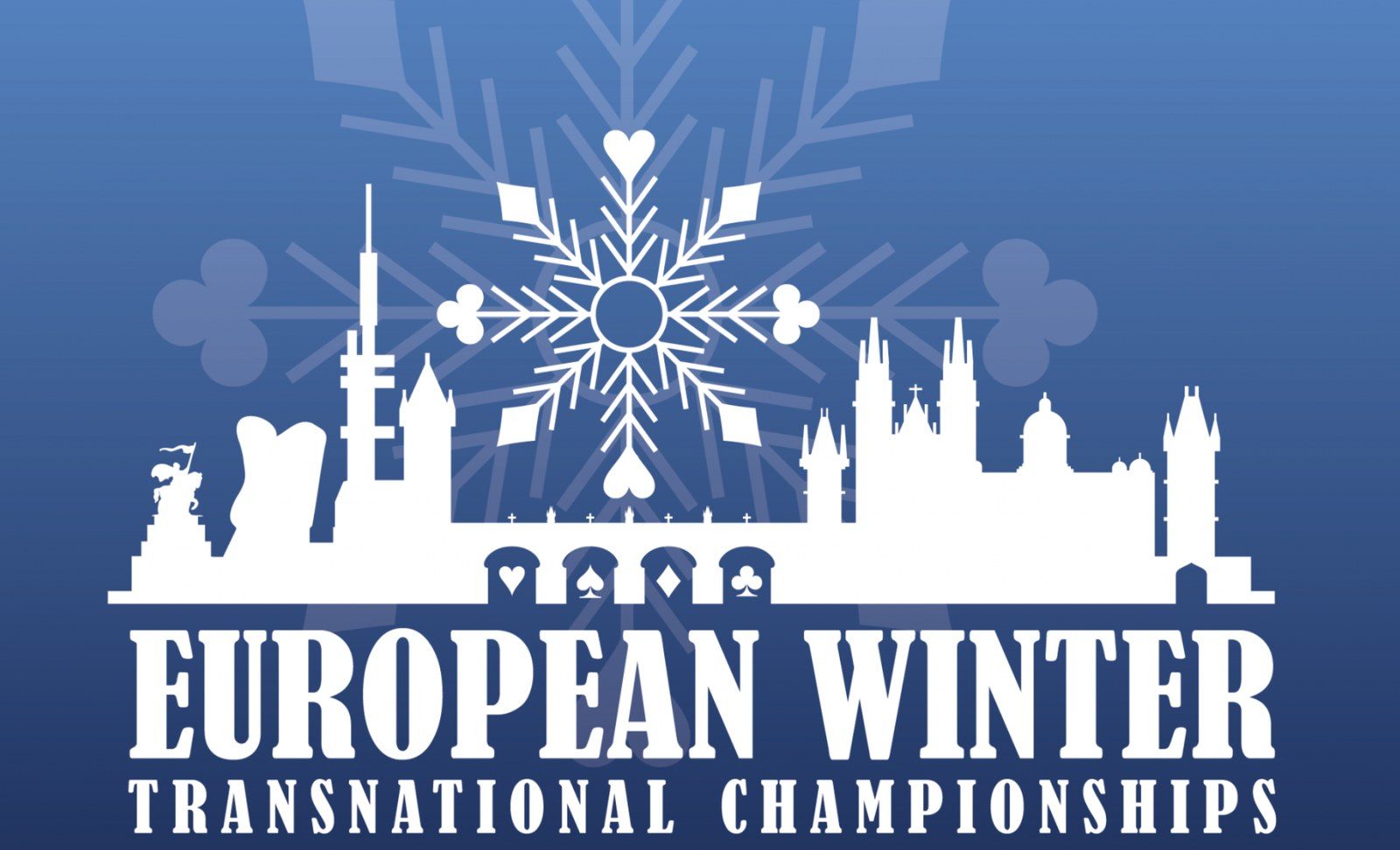 European Winter Transnational Championships: the Prague skyline under a snowflake made of card suits