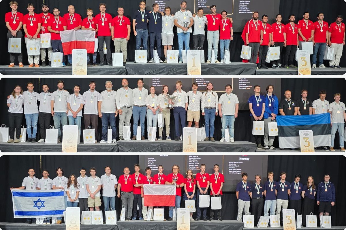 Medal-winning teams on the podiums in Riga, 2026
